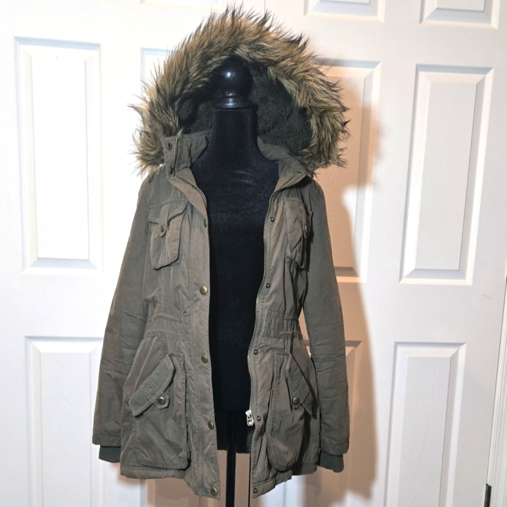 Miss Sixty Army Green Anorak Coat w/ Faux Fur Hood